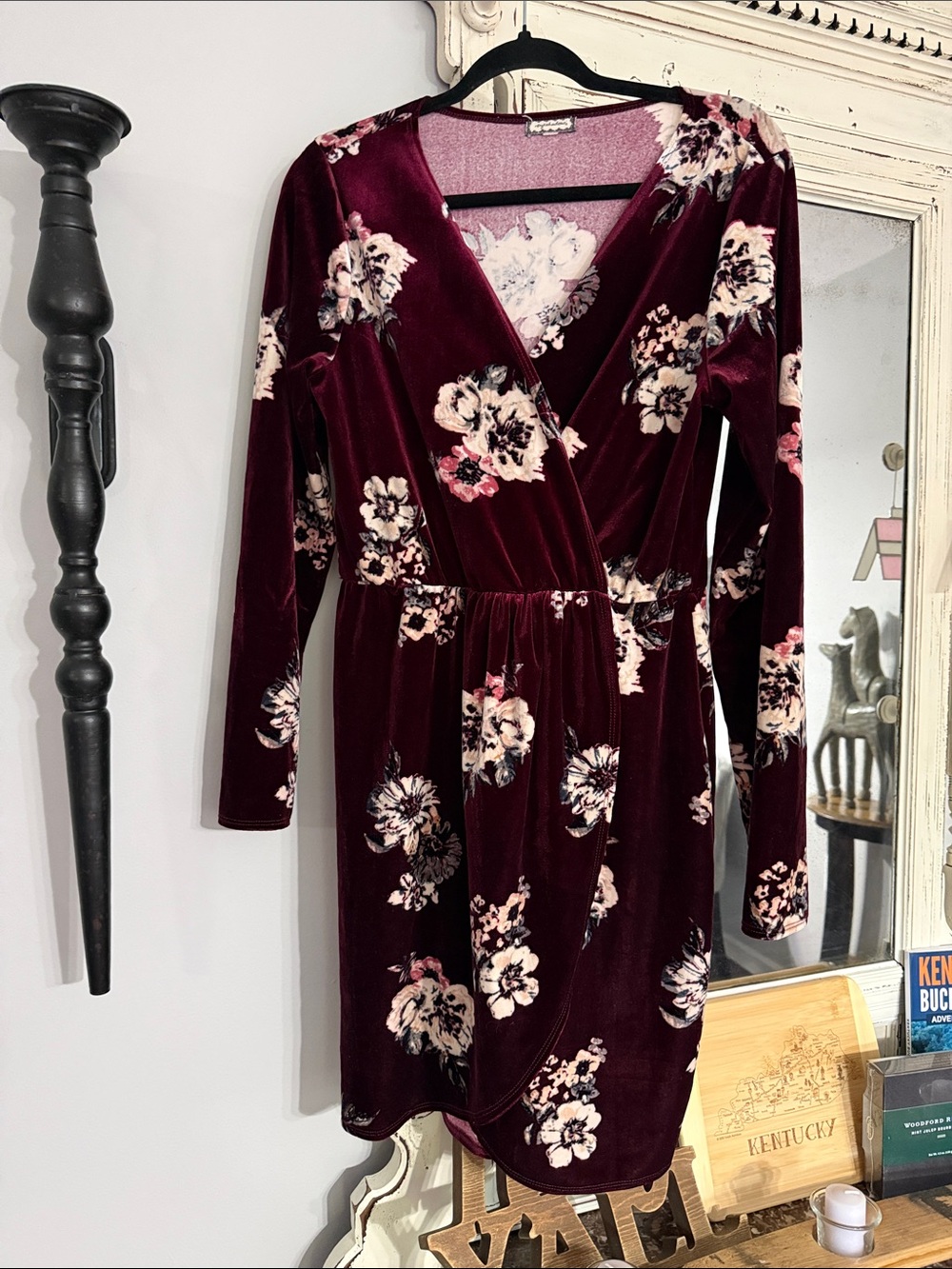 Eyeshadow Burgundy Floral Velvet Wrap Dress